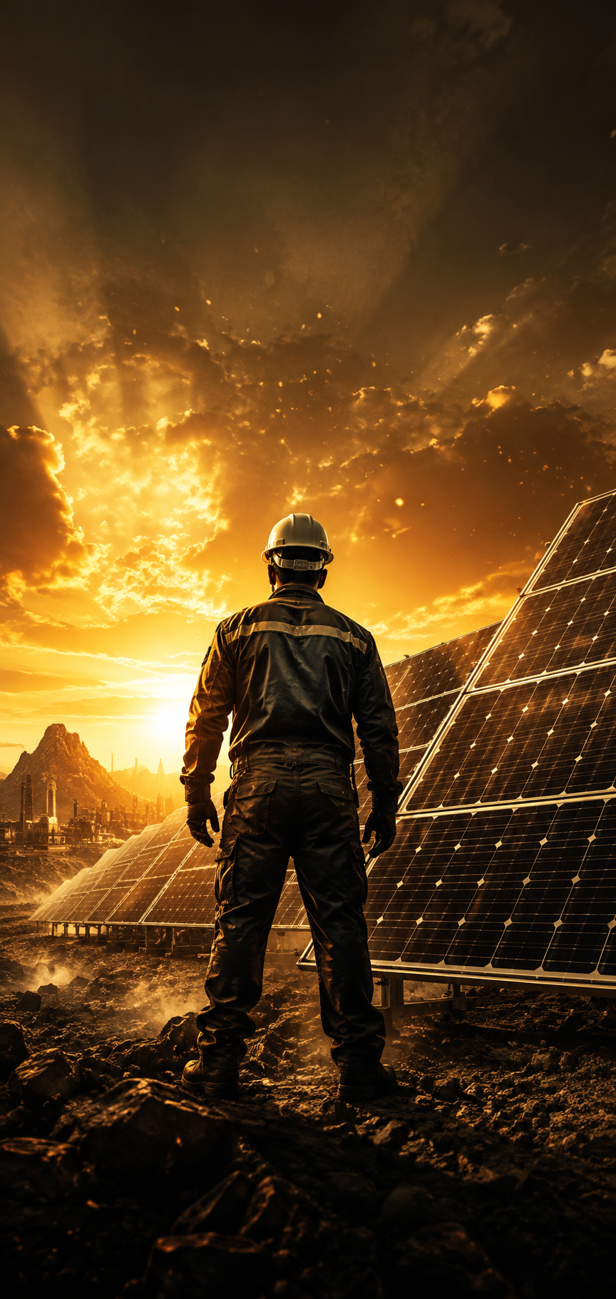 Solar service technician overlooking a large solar panel installation at sunset